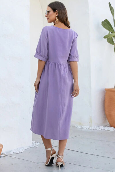 Back view of Decorative Button Round Neck Half Sleeve Dress