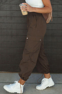 Side view of Drawstring Elastic Waist Pants with Pockets-brown