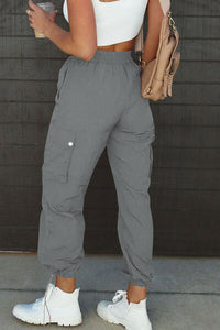 Back view of Drawstring Elastic Waist Pants with Pockets-gray