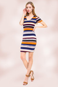 Multi Stripe V Neck Short Sleeve Dress