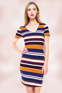 Multi Stripe V Neck Short Sleeve Dress