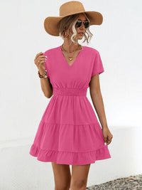 Ruffled Smocked V-Neck Tiered Dress