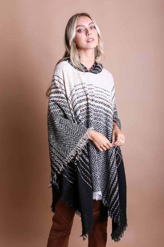 Herringbone Tweed Hooded Frayed Edge Poncho