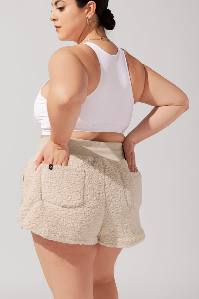 Faux Sherpa Short with Pockets - Taupe by POPFLEX®