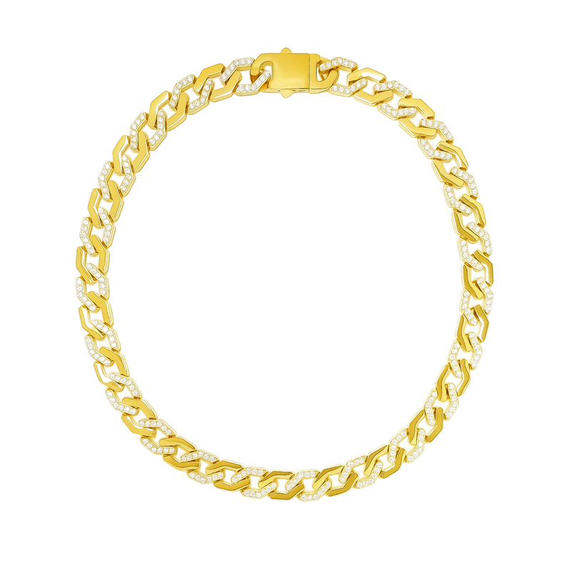 view of C101G B.Tiff Gold Pavé High Polish Flat Angular Cuban Link Necklace