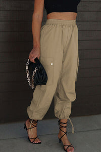 Side view of Drawstring Elastic Waist Pants with Pockets-sand