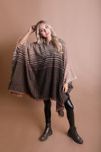 Herringbone Tweed Hooded Frayed Edge Poncho