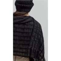 Model showing Black Loop Knit Alpaca Scarf on her neck