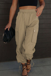 Close up front view of Drawstring Elastic Waist Pants with Pockets-sand