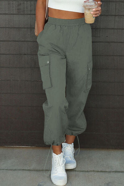 Full view of Drawstring Elastic Waist Pants with Pockets-green