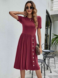 Front view of Button Detail Tee Dress with Pockets-wine