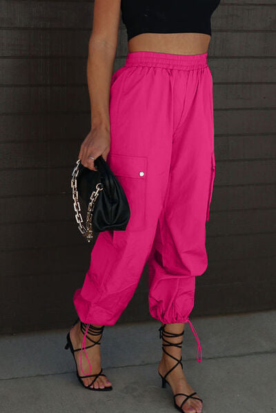 Full view of Drawstring Elastic Waist Pants with Pockets-pink