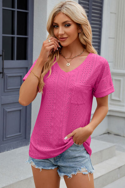 Eyelet V-Neck Short Sleeve T-Shirt