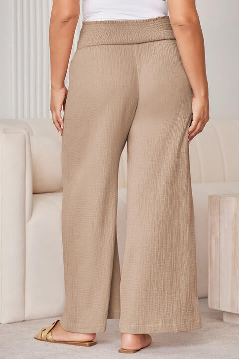 Back view of Plus Size Smocked Waist Wide Leg Pants