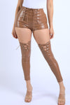 Lace Up Detailed Cutout Faux Leather Pants