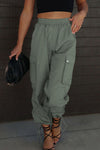 Front view of Drawstring Elastic Waist Pants with Pockets-green