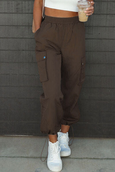 Front of Drawstring Elastic Waist Pants with Pockets-brown