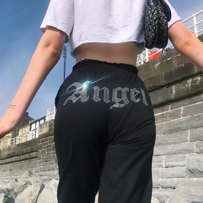 Angel Studded Rhinestone Sweatpants