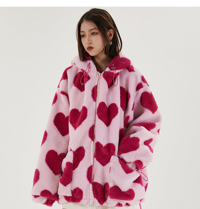 Oversized Hearts Sherpa Coat by White Market